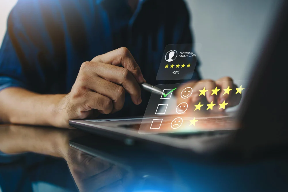 Checking credentials and reviews with customer rating overlay